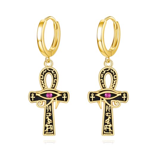 Ankh Dangle Earrings 925 Sterling Silver Gold Eye of Horus Drop Earrings Egyptian Ankh Cross Leverback Birthstone Jewelry Gift for Men