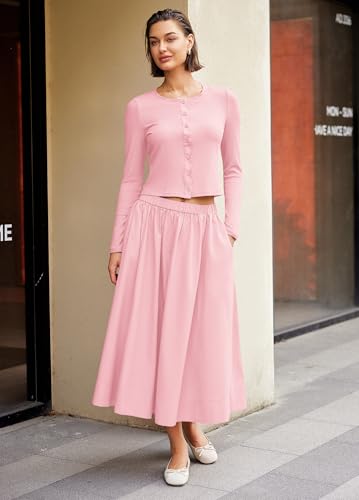 Image of Panadila Womens 2 Piece Lounge Sets Matching Vacation Outfits Ribbed Button Down Cardigan and Elastic Waist Skirt Sets (Baby Pink,M)