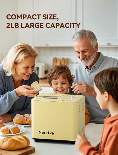 Neretva 20-IN-1 Bread Maker, Dual Heater 2LB Bread Machine Stainless Steel Bread Maker Machine Nonstick Ceramic Pan Compact for Gluten Free/Sourdough/Whole Wheat Bread/Yogurt, Breadmaker Recipe-Yellow