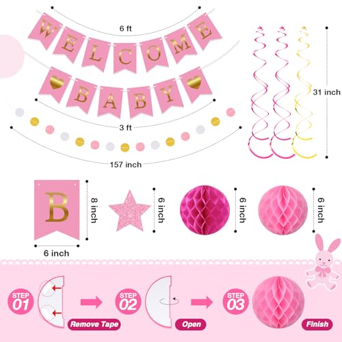 Image of WinnerWhy 25 Pcs Baby Shower Decorations for Girl, Pink Welcome Baby Banner with Glitter Stars, Hanging Swirls, Honeycomb Balls, Circle Dots Garland Girl Pink Decorations for Gender Reveal Party Decor