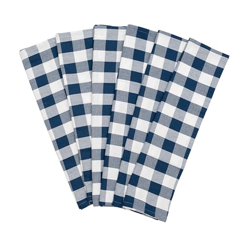 Image of Blue and White Plaid Kitchen Towels - Set of 6 Blue Checkered, 100% Cotton, Lint-Free Kitchen Towels with Hanging Loop - Versatile Uses Including Kitchen Towels, Hand Towels, Dish Towels (6 Pack)