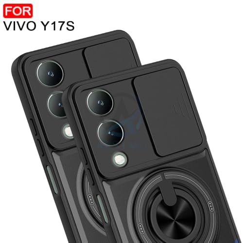 Image of AESTMO Vivo Y17S Back Cover | Armor Camera Slider 360 Degree Rotating Finger Ring Holder Case with Bracket Stand Back Case Cover (Compatible with MagSafe Accessories) (Black)