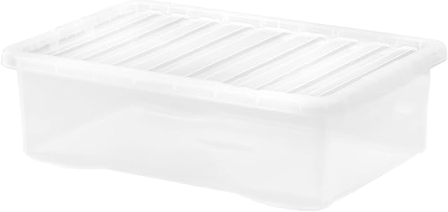 JMS 32 Litre Large Big Plastic Underbed Storage Clear Box with Clear Lid Strong Container Made In U.K. - Set of 3- Home Office Stackable Nestable