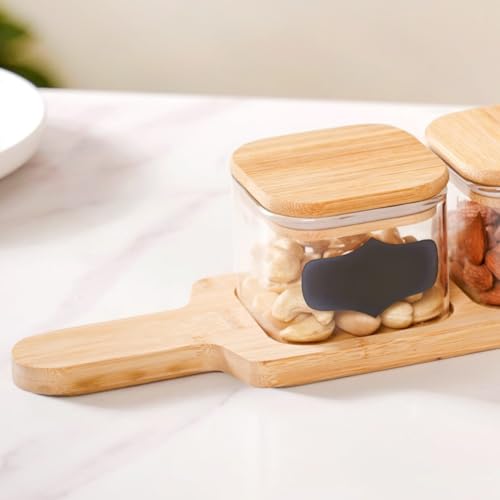 Image of Nestasia Set of 3 Clear Glass Square Snack Serving Jars with Tray | Containers for Stylish Snack Presentation, Organization and Gifting Purposes (350ml)