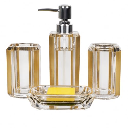 LGURT 4-Piece Gold Bathroom Accessories Set — Soap Dispenser, Soap Dish, Mouthwash Cup & Toothbrush Holder, Acrylic with Brushed Gold Accent, Luxury Bathroom Vanity Countertop Organizer for Home