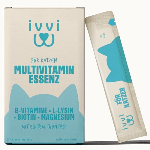 ivvi Multivitamin Essenz für Katzen cremiger Katzensnack mit echtem Thunfisch mit B-Vitaminen Vitamin A D3 E Biotin L-Lysin Magnesium & Grünlippmuschel 30 x 15 g