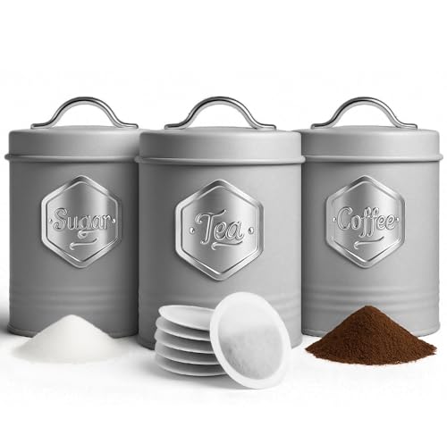 HEFTMAN Lot de 3 boîtes à thé, café et sucre – Élégantes boîtes pour la cuisine, le sucre, le café, le thé avec récipients hermétiques et...