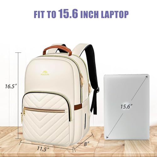 Image of MATEIN Lightweight School Backpack for Women, 15.6 Inch Laptop Backpack | Slim Design, Fashion Teacher Nurse Bag, with Leather Handles, Casual Daypack Perfect, for Work and Commute, Beige