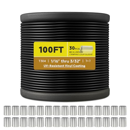 KALLSDY Vinyl Coated Wire Rope 1/16 Inch Overmolded to 3/32 Inch, 100FT 304 Stainless Steel Cable with 30 Pcs Crimping Sleeves for String Light Hanging Kit, Clotheslines, Trellis Wire