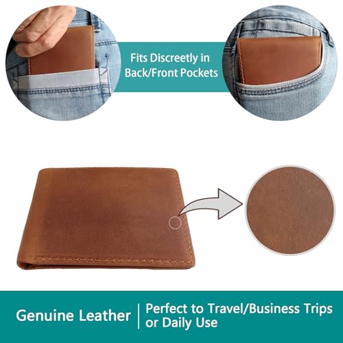 Men's Slim RFID Blocking Wallet - Classic Brown Full Grain Leather Bifold (6 Cards Slots, 2 Cash Compartments) Compact Front Pocket Design with Gift Box (4.3"x3.4"x0.4")2
