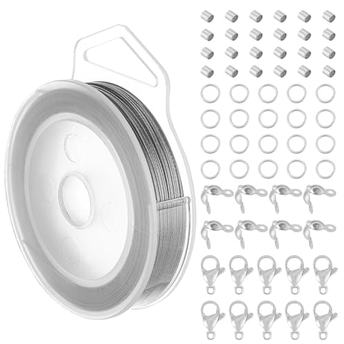 BENECREAT 40m 0.6 mm 7-Strängiger Edelstahl Schmuckdraht Mit 200 Biegeringen, 200 Stück Quetschperlen, 100 Stück Perlenspitzen Und 30 Stück Karabinerverschlüsse Für Die Schmuckherstellung