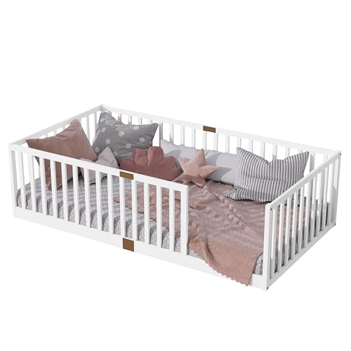 Image of Bellemave Twin Size Kids Montessori Floor Bed Frame with Slats,Solid Wood Floor Bed Frame with High Fence for Kids,Girls,Boys,White