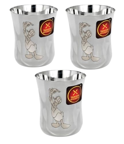Image of TANISHI KITCHEN'S Stainless Steel Cartoon Glasses for Kids | Donald Duck | 3 Pcs (Small) Drinking Glass Set - 100 ml Each | Safe, Unbreakable Tumblers for Milk, Water & Juice