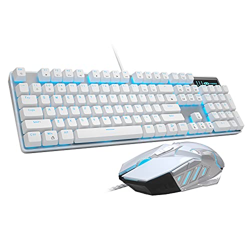 Mechanical Gaming Keyboard and Mouse Combo Blue Switch 104 Keys White Backlit Keyboards, MageGee MK-Storm,7 Button Mouse Wired for PC Gamer Computer Laptop(White)