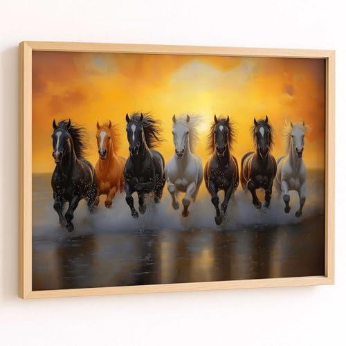 Image of HOTHOUSE Seven Running Vastu Lucky Horse | 7 Horses Vastu Frame Wall Art Painting for Living Room Bedroom Office Home Decor Rising Sun Painting Wall Decor Size (10X13 inch)