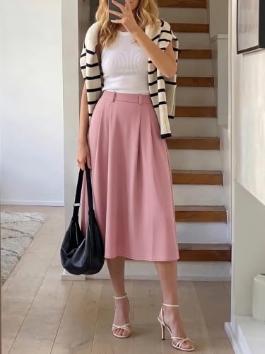 Image of Casly Lamiit A-Line Midi Skirts for Women Business Skirt | Elastic High Waisted, Pleated with Pockets, Work Skirts Casual