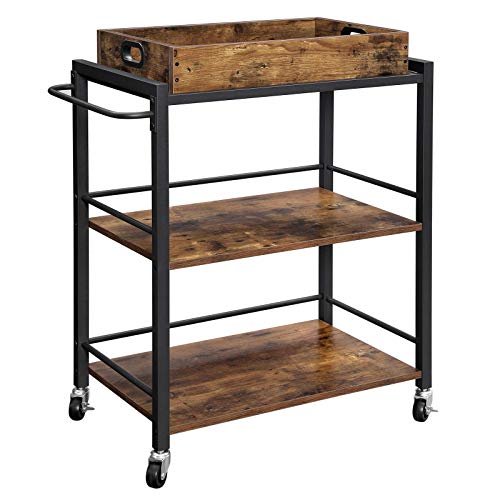 ARREDAMENTI Carrito Bar, Carrito Servicio Cocina, Carrito Utilitario con Ruedas y Asa, Ruedas Universales con Frenos, Patas Niveladoras, Marrón Rústico y Negro