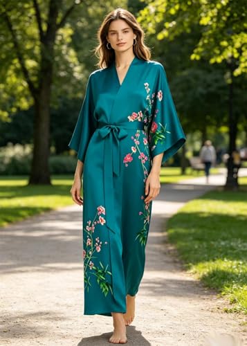 Image of Women's Classic 100% Silk Kimono Robe, Bathrobe-Printed Pattern