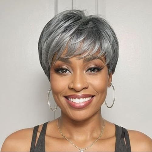 MUJGOO Short Grey Straight Wigs for Black Women Short Hair Wigs for Women