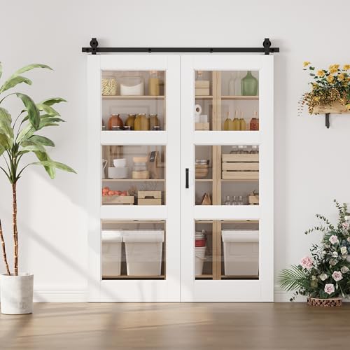 Image of 56 inchx80 inch White 3-Lites Clear Glass Bifold Barn Door Slab with 64 inch Track Kit