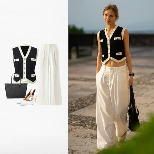 Image of Women's Striped Cropped Knit Vest - Sleeveless V Neck with Gold Buttons, Business Casual Multi-Season Layering Top