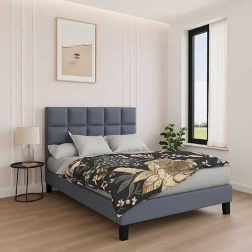 Image of Wooden Upholstered Bed Single Size Without Storage | Wrought Iron Single Size Cot with Headboard | Upholstered Bed for Bedroom | Palang Furniture for Living Room, Candler Grey, (Candler Grey)