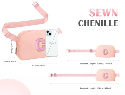 Image of COSHAYSOO Valentines Birthday Initial Gifts for Teen Girls 5 6 7 8 9 10 11 12 13 14 Year Old Pink Fanny Pack for Girls Belt Bag Crossbody Travel Purse Unique Trendy Girly Stuff Chenille Letter C