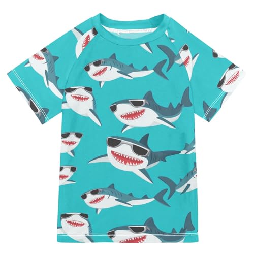 CaTaKu Sharks Funny Sunglasses Boys Rash Guard Swim Shirts Toddler Quick Dry UPF 50+ Rashguard Short Sleeve 3-12T