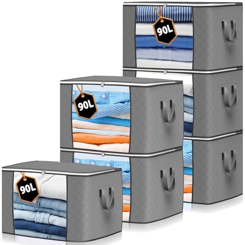 KURNI Storage Bags Clothes Organizer 6 Pack Grey, Large Moving Boxes 90L Capacity, 3 Sided Zipper Storage Box. Dust/Mites Proof 60 x 43 x 35cm