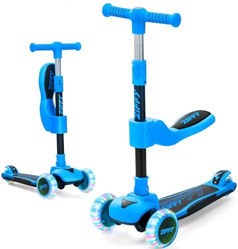 ZIFFY 2-in-1 Toddler Scooter with Seat, 3 Wheel Scooter with LED Lights, Anti-Slip Surface, Adjustable Height Handlebars and Foldable Seat, Toys for Kids Ages 3-12, Blue (Up to 110 Lbs)