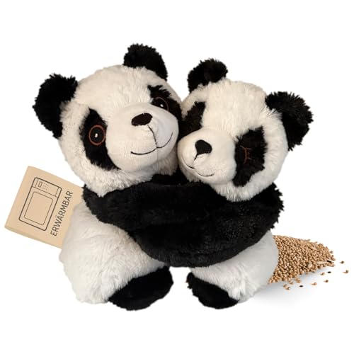 Habibi Premium Wärmekissen/Stofftier f. Kinder+Erwachsene – 2040 Hugys Panda Mama + Kind Kuschelfreunde 2er Set, herausnehmbare Hirsefüllung, zum Erwärmen i.d. Mikrowelle/Backofen (schwarz/weiß)