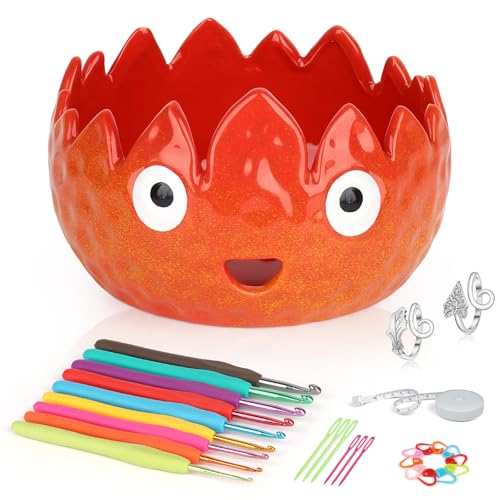 Image of Katech Flame Yarn Bowl for Crocheting-Crochet Bowls for Yarn w /Crochet Hooks-Knitting Bowl-Cute Handmade Ceramic Flame Yarn Bowls-Ideal Crochet Gifts for Crocheters Knitter(6.3 inch x 6.3 inch x 4 inch)