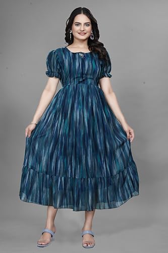 Image of Women Gown with Abstract Print | Georgette One Piece Dress with Puff Sleeves | Round Neck Tiered Midi Frock for Women | Ladies Western Maxi Dress