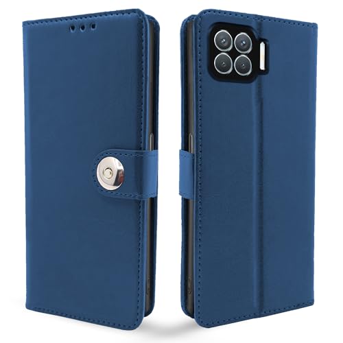 Image of Pikkme Oppo F17 Pro Flip Cover Leather Finish | Inside TPU with Card Pockets | Wallet Stand and Shock Proof | Complete Protection Button Flip Case (Blue)