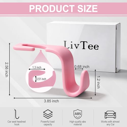 Image of LivTee Car Seat Headrest Hook, Auto Seat Hook Hangers Storage Organizer Interior Accessories for Purse Coats Umbrellas Grocery Bags Handbag, 4-Pack - Pink