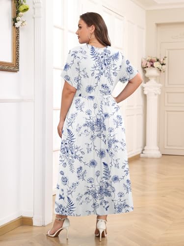 Image of BELAROI Womens Plus Size Maxi Dress Summer Wrap V Neck Flowy Long Sundress Beach Dresses with Pockets