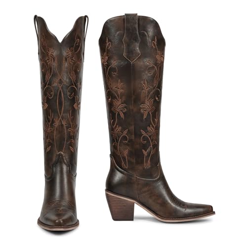 Image of wetkiss Cowboy Boots Womens Knee High Cowgirl Boots Embroidered Pointed Toe | Cowgirl Boots, Retro Embroidery, Block Heel, Stable and Comfortable, Pull-On, Style for a Classic Vintage Western Look