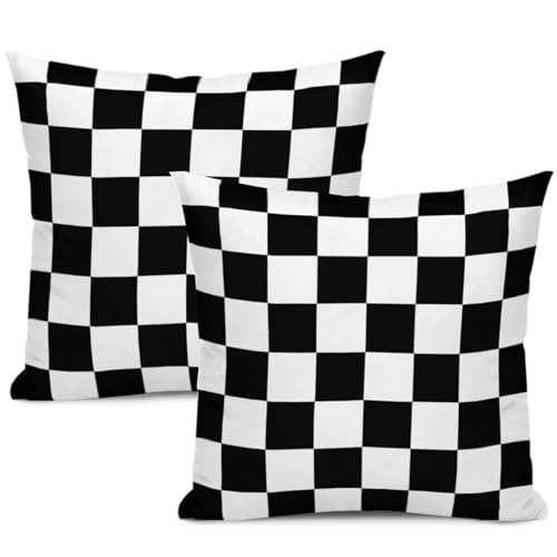 Qwalnely 2 Sets Checkered Decorative Throw Pillow Covers, 18x18 Inch for Living Room Couch Bed Sofa, Black and White Plaid Home Decor, Soft Cushion Case
