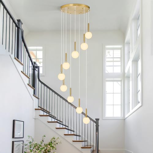 Image of 9-Lights Gold Chandelier with Milk White Glass Mid Century Modern