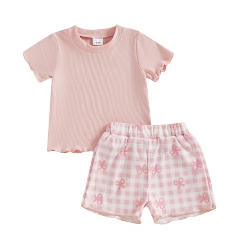 Erenella Toddler Baby Girl Summer Outfit Solid Color Crew Neck Short Sleeve Tops and Plaid Shorts Set Cute Outfits 2Pcs (A-Multi-Color, 2-3T)