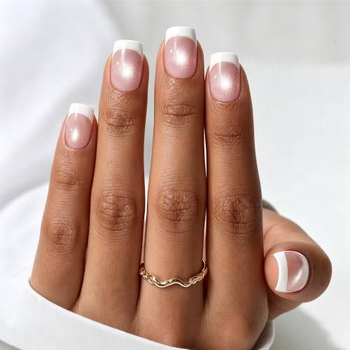 Image of Beetles French Tip Press On Nails, 150Pcs Short Square Cat Eye Nails | Pre-Designed Blush French Tips with Glassy Cat-Eye Shine, 15 Sizes, Nail Tips Only for At-Home DIY Manicures