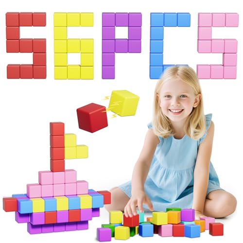 Image of Magnetic Blocks Large, 56PCS 1.42in Magnetic Building Blocks for Kids Ages 4-8, STEM Sensory Travel Autism Montessori Toys for Toddlers, Learning Construction Magnetic Cubes for Birthday Gift