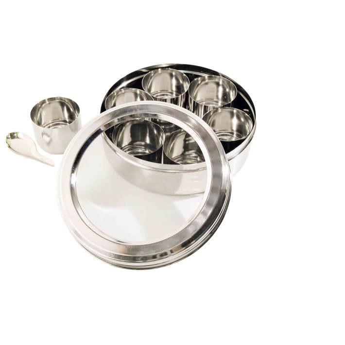 PNJB Stainless Steel Masala/Spice Containers, See Through Glass Lid Spice container, 7 Spice Containers, Spoon, Best for Home & Kitchen, Best for Home & Kitchen (10cm)