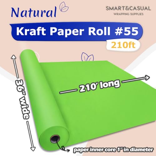 Image of SMART&CASUAL 36 inch x 2,520 inch (210') Medium Green Kraft Craft Paper Roll for Gift Wrapping Bulletin Board Bouquet Flower Art Packing Parcel Table Covering 80GSM 55LB (Medium Green, 36 inch x 210')