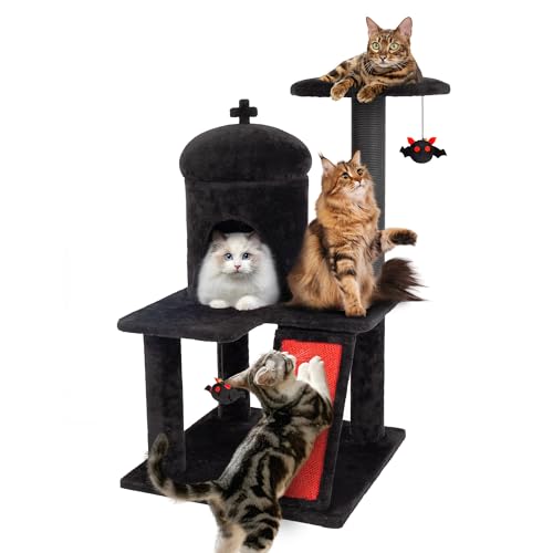 KAMABOKO Gothic Cat Tree, 36.4" Black Cat Tower for Indoor Cats with Large Cat Condo, Cat Scratching Post, for Small-Medium Cats
