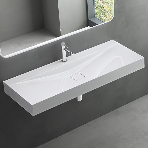 Mai & Mai Waschbecken Hängewaschbecken Aufsatzwaschbecken Mineralguss Weiß 1 Armaturenloch Rechteckig Breite: 120 cm Col810
