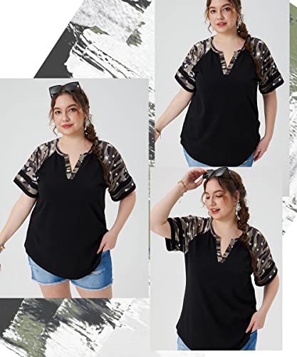 Image of CARCOS Plus Size Tops for Women Short Sleeve Summer Pullover Color Block Crewneck /V Neck Tee Tunic Loose Fit Tshirts XL-5XL