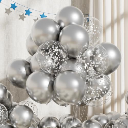 Image of RainbowQ Metallic Silver Confetti Balloons: 55Pcs 12 inch Chrome Silver Shiny Helium Latex Balloon Helium for Party Birthday Anniversary Wedding Decoration