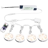 AIBOO Linkable LED Under Cabinet Lights Direct Wired 12V Slim Aluminum Dimmable Puck Lights with RF Remote Control for Accent Lighting (4 Lights, Warm White, NO Wall Plug)