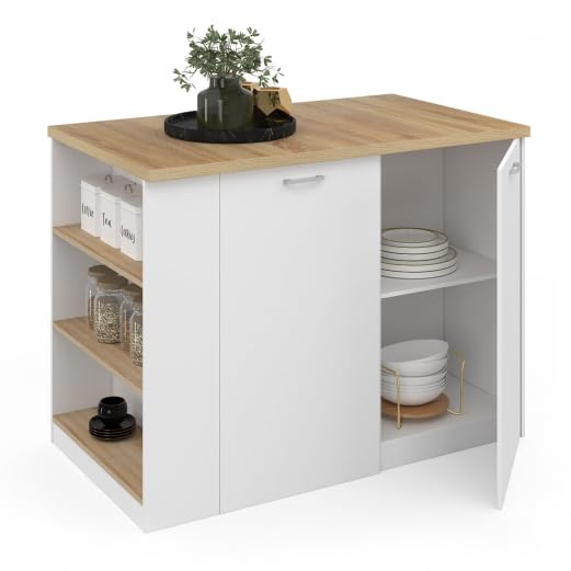 IDMarket – Ilot Central TIBO 120 cm madera blanca con encimera de haya